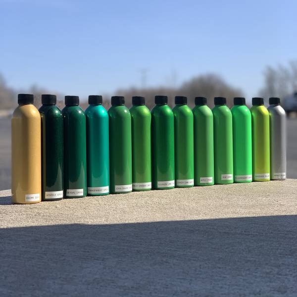 Deore Gold, Sparkle Green, Bengal Green, Transparent Green, John Deere Green, Sparkle Granny Smith, Illusion Lime Time, Candy Lime Green, Apple Frost, Kiwi Green, Fluorescent Green, Shocker Yellow, Heavy Silver