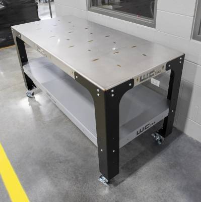 Stainless Top, Raw Shelf & Flat Black Legs with Swivel Casters (32x72)