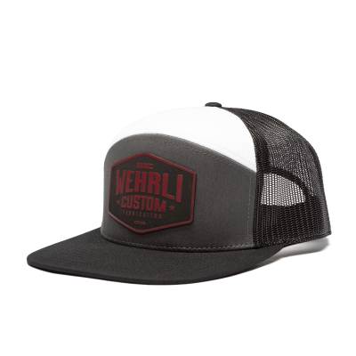 Snap Back Hat Charcoal, Black, and White with Black and Dark Red Badge